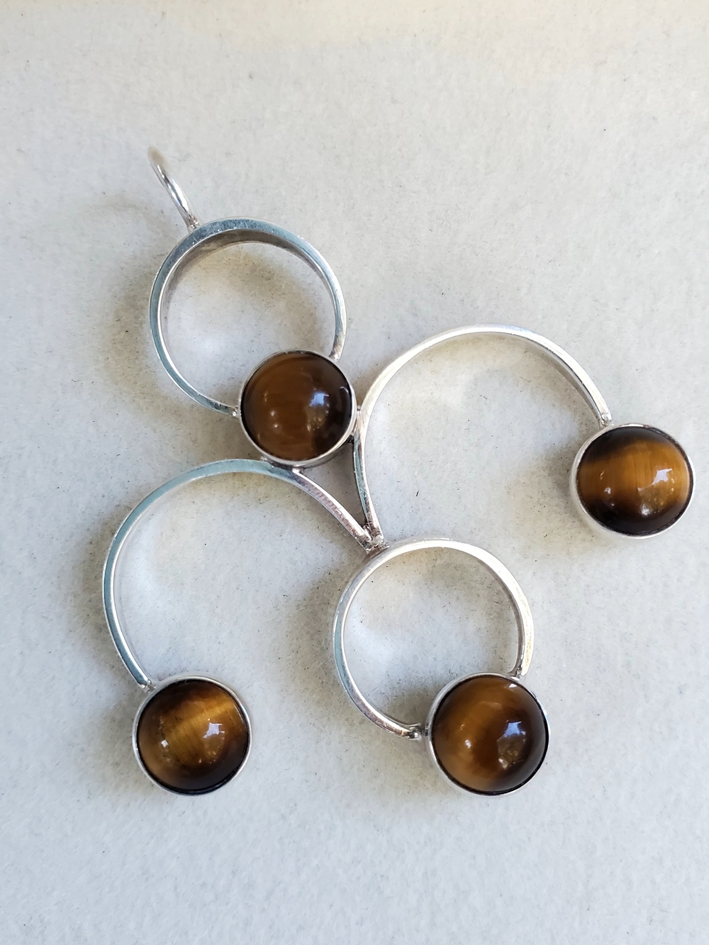 925 Sterling Silver Tiger's Eye Modernist Statement Pendant • 9.46g
